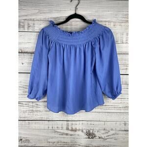 Ann Taylor Blue Off Shoulder Top 3/4 Sleeves Casual Coastal Festival XS Petite